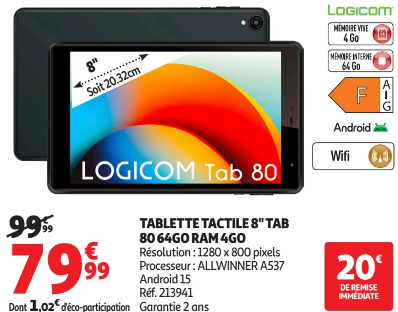 LOGICOM Tablette Tactile 8" Tab 80 64GO RAM 4GO