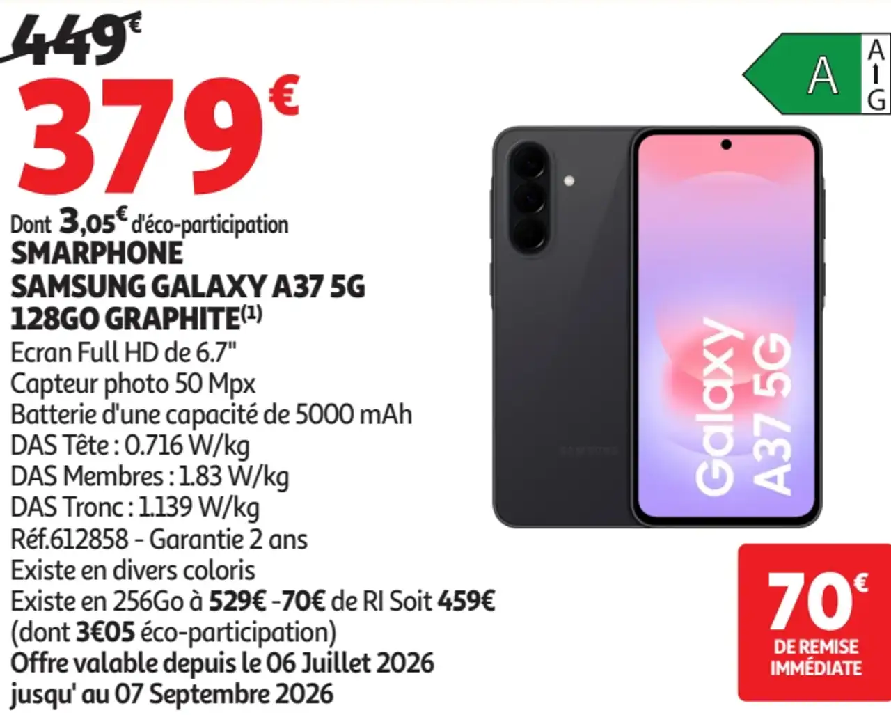 SMARTPHONE SAMSUNG GALAXY A37 5G 128GO GRAPHITE