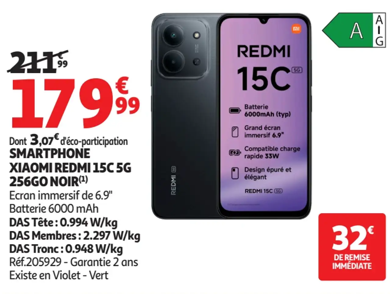 Smartphone Xiaomi Redmi 15C 5G 256Go Noir