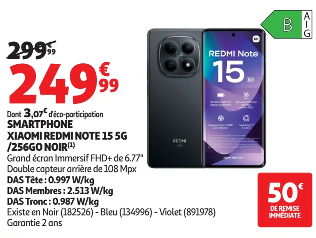 Smartphone Xiaomi Redmi Note 15 5G 256Go Noir