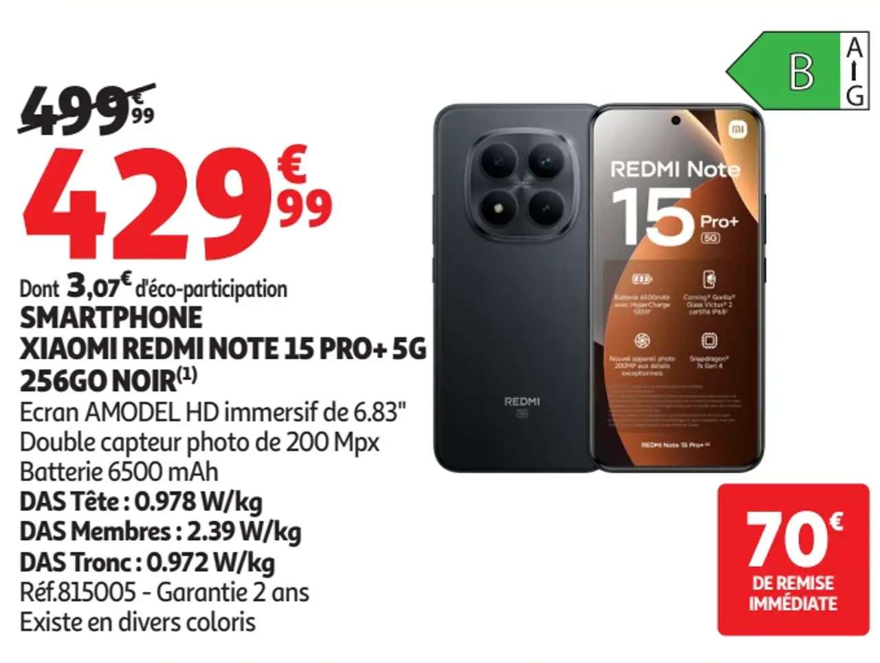 Smartphone Xiaomi Redmi Note 15 Pro+ 5G 256Go Noir