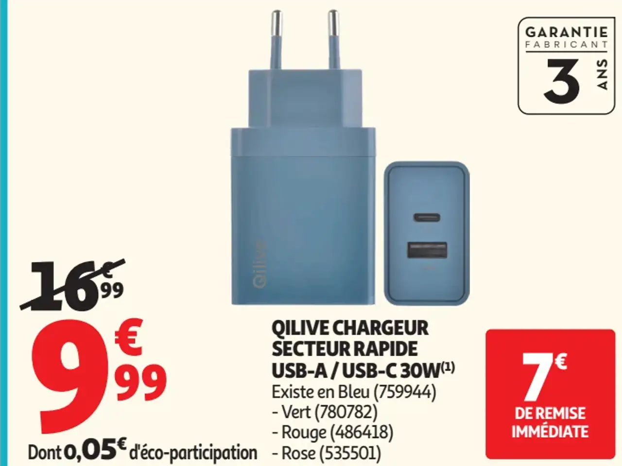 QILIVE CHARGEUR SECTEUR RAPIDE USB-A / USB-C 30W