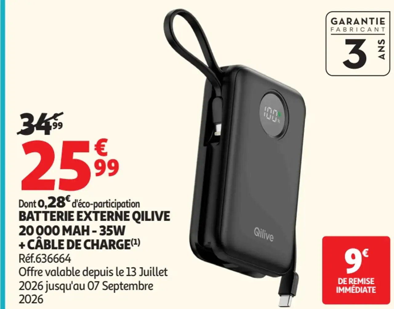 BATTERIE EXTERNE QILIVE 20 000 MAH - 35W + CÂBLE DE CHARGE