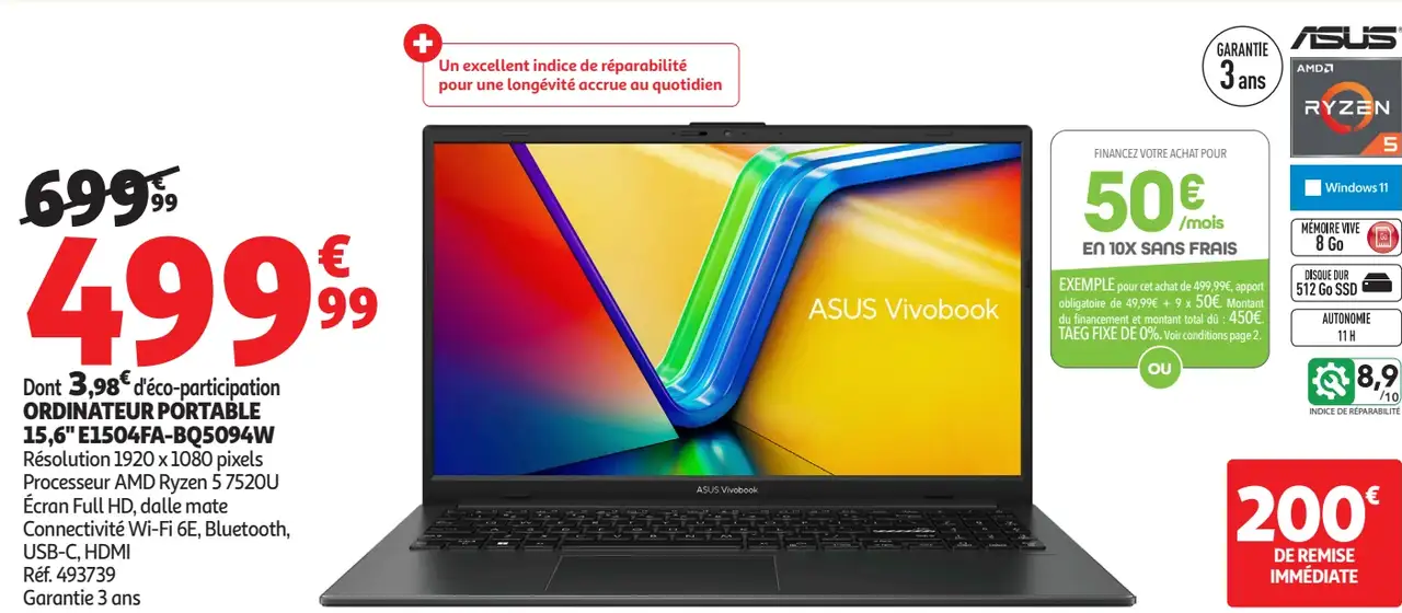 Ordinateur portable 15,6" ASUS Vivobook E1504FA-BQ5094W
