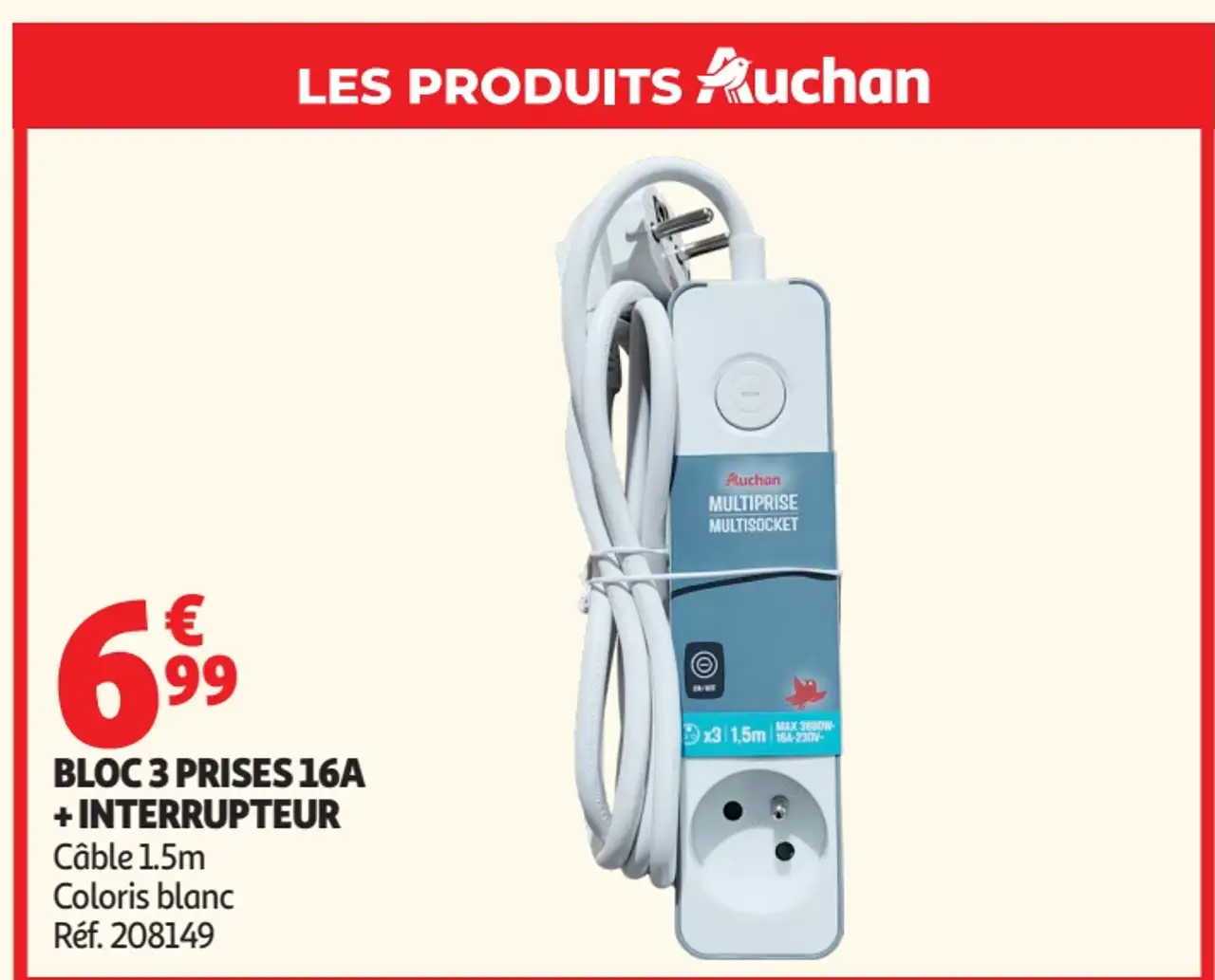 Bloc 3 prises 16A + interrupteur Auchan