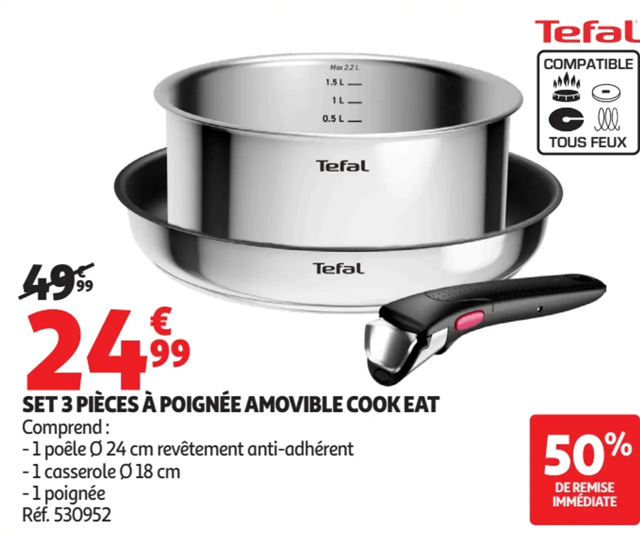 Set 3 pièces à poignée amovible Cook Eat Tefal