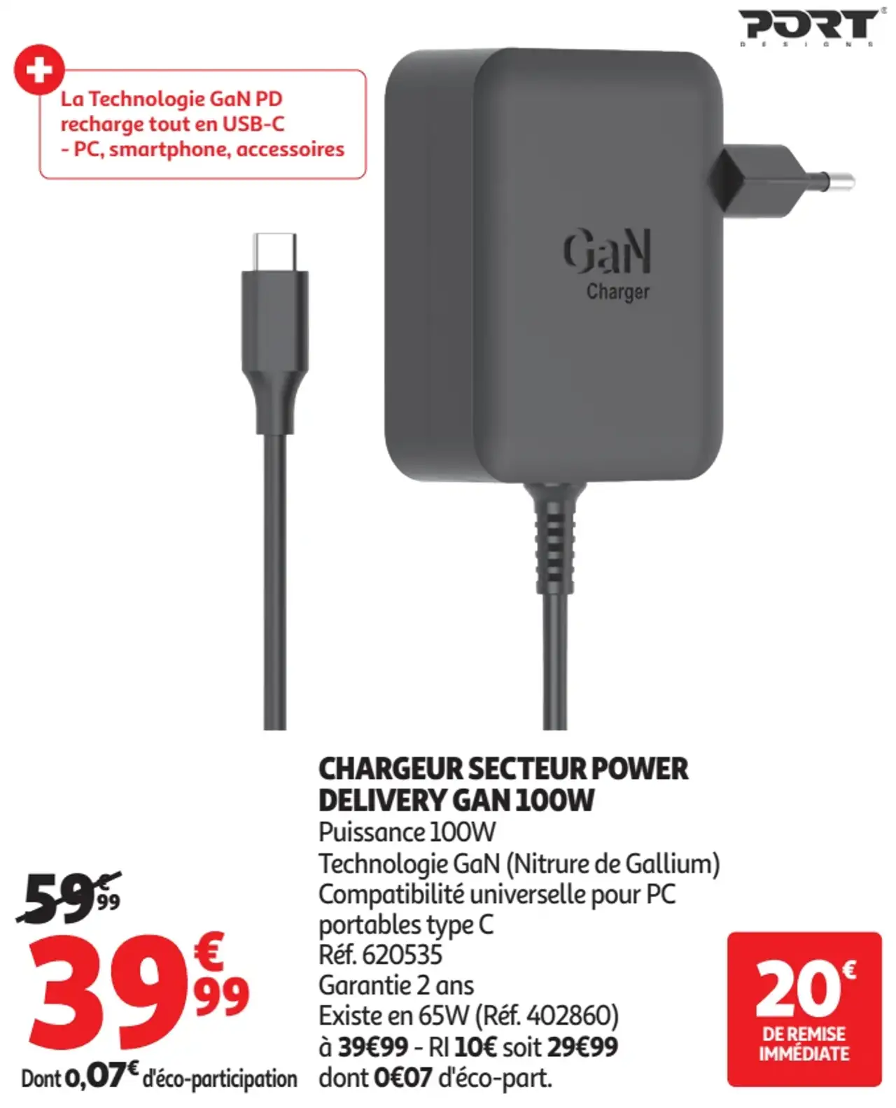 PORT CHARGEUR SECTEUR POWER DELIVERY GAN 100W
