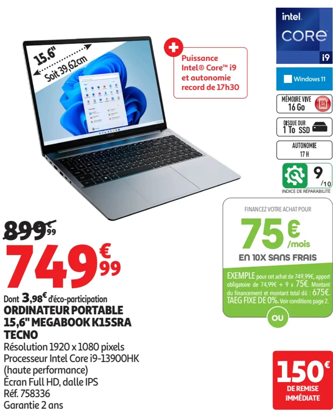 ORDINATEUR PORTABLE 15,6" MEGABOOK K15SRA TECNO
