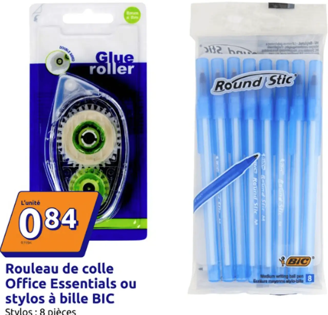 Rouleau de colle Office Essentials ou stylos à bille BIC