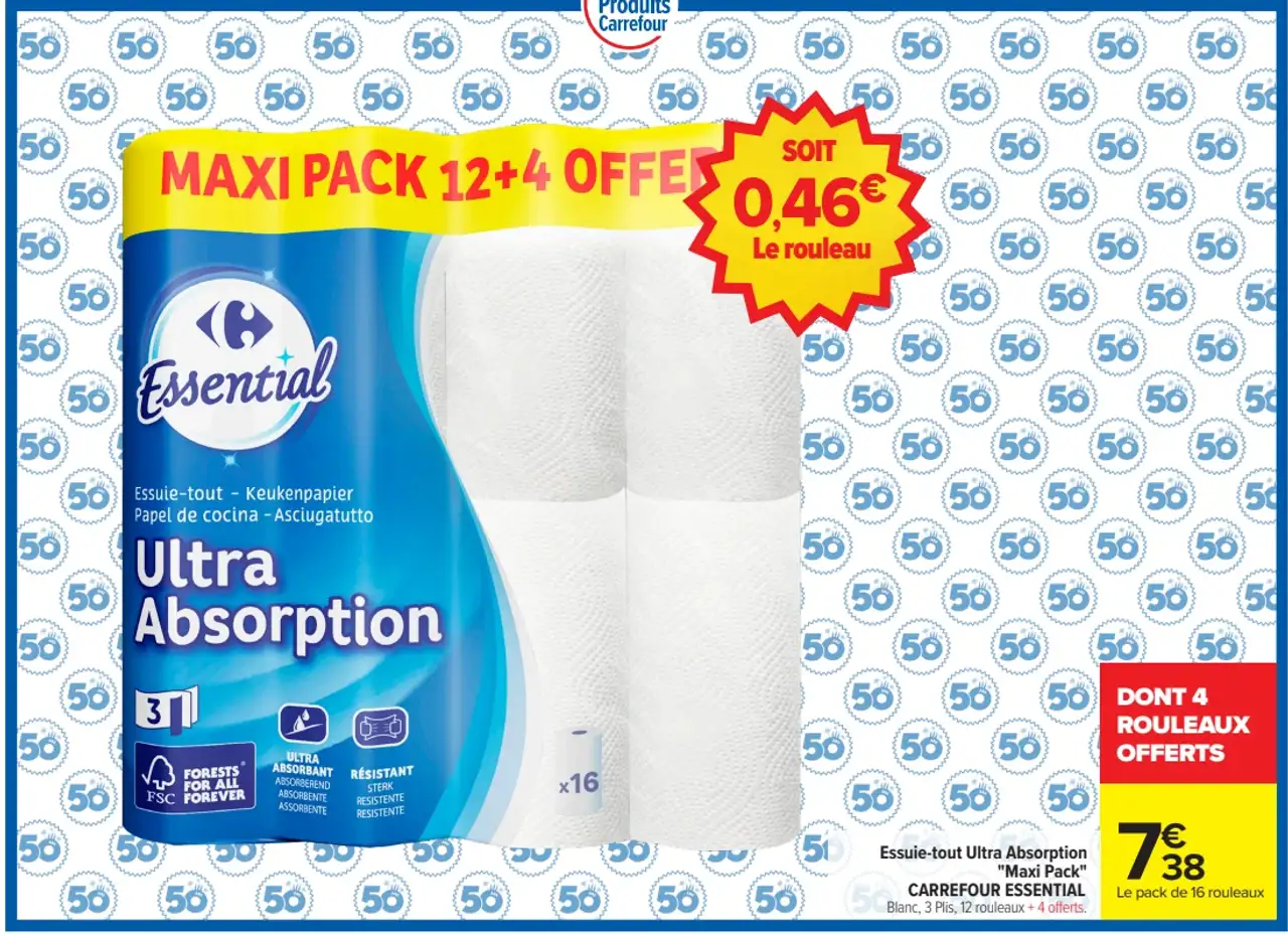 Essuie-tout Ultra Absorption "Maxi Pack" CARREFOUR ESSENTIAL