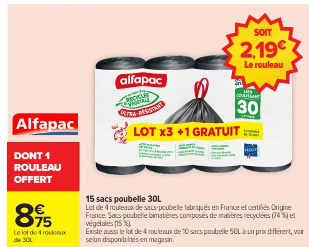 Lot de 4 rouleaux de sacs poubelle 30L Alfapac
