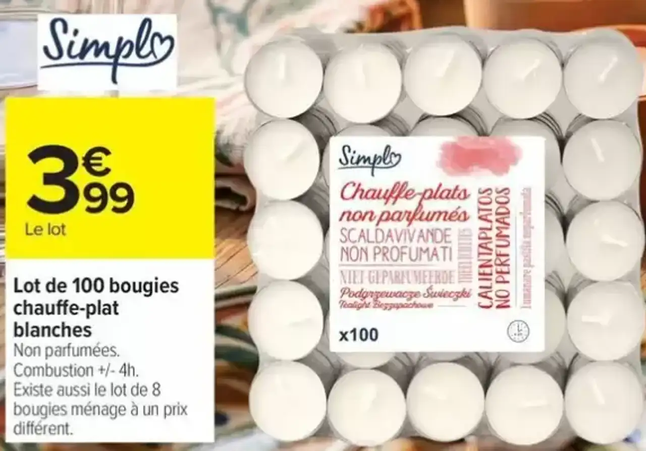 Simpl Lot de 100 bougies chauffe-plat blanches