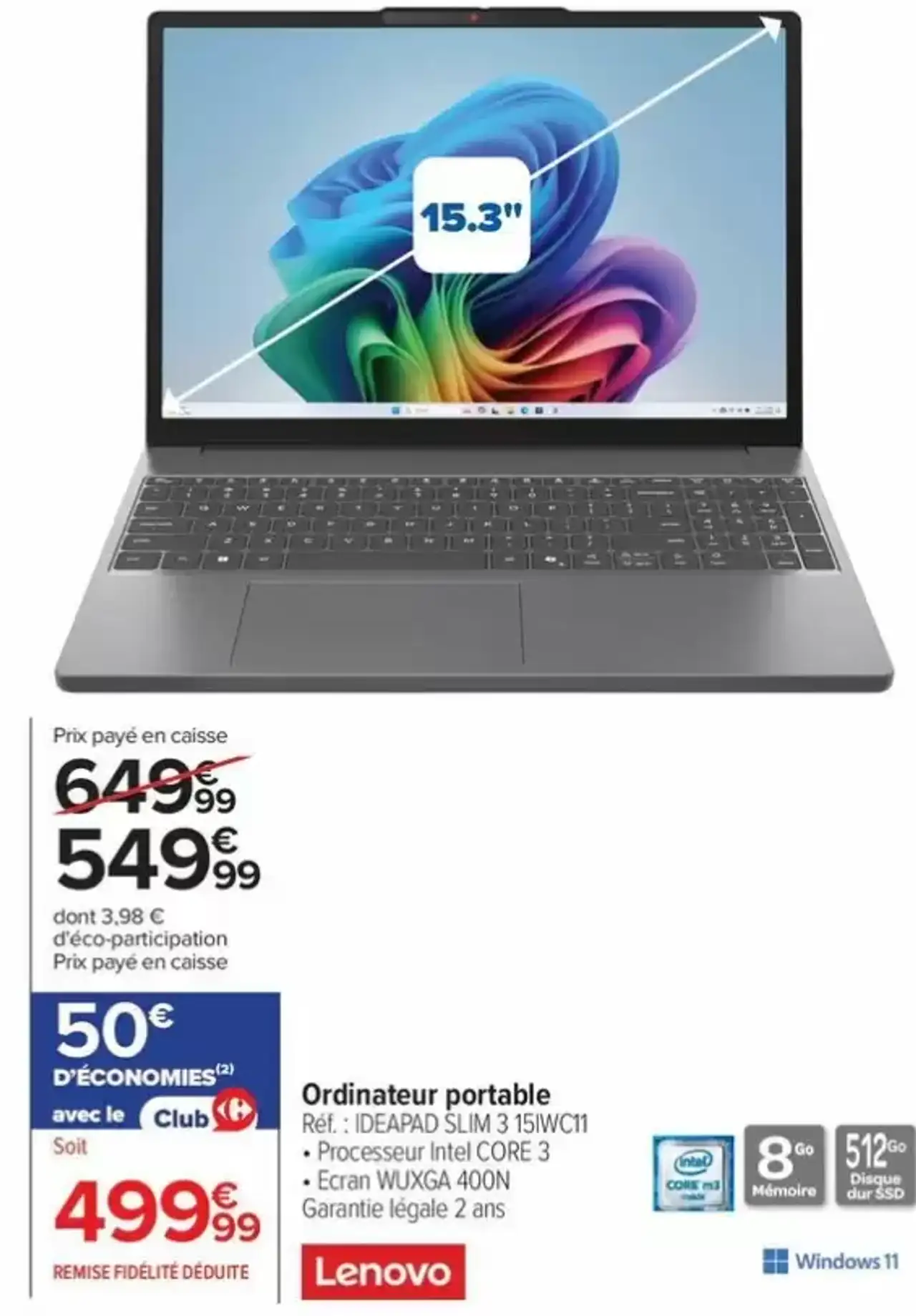 Ordinateur portable Lenovo IDEAPAD SLIM 3 15IWC11