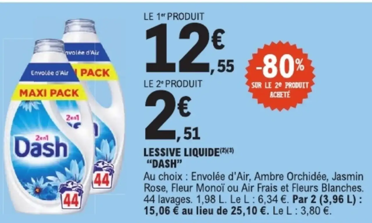 DASH Lessive Liquide Maxi Pack (Envolée d'Air, Ambre Orchidée, Jasmin Rose, Fleur Monoï ou Air Frais et Fleurs Blanches)