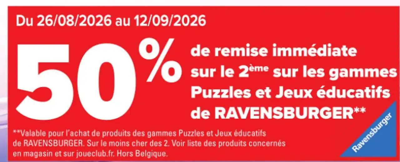 Remise de 50% sur le 2ème puzzle ou jeu éducatif Ravensburger