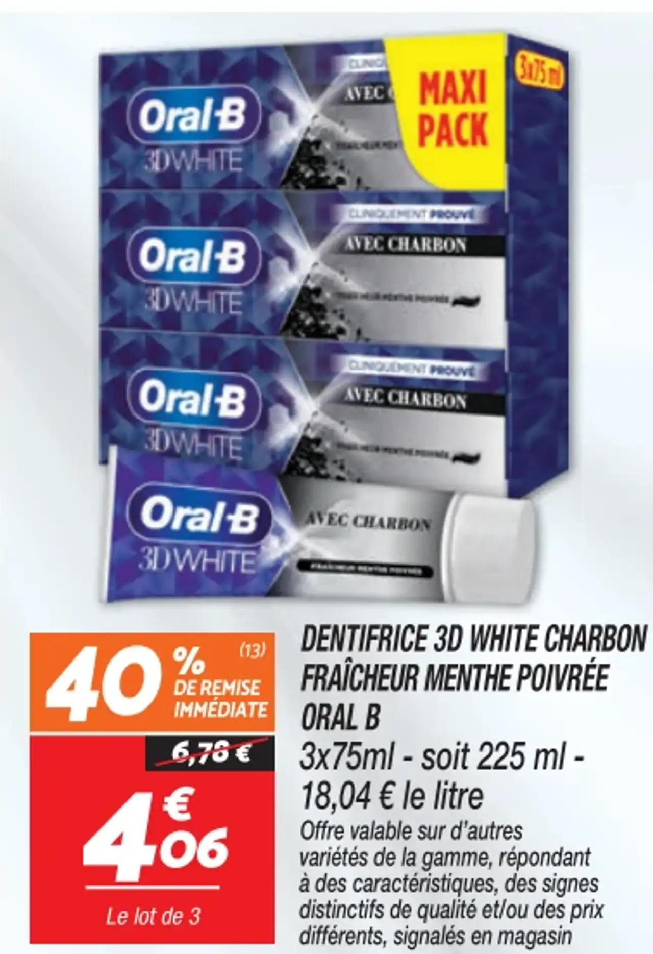 Dentifrice 3D White Charbon Fraîcheur Menthe Poivrée Oral-B