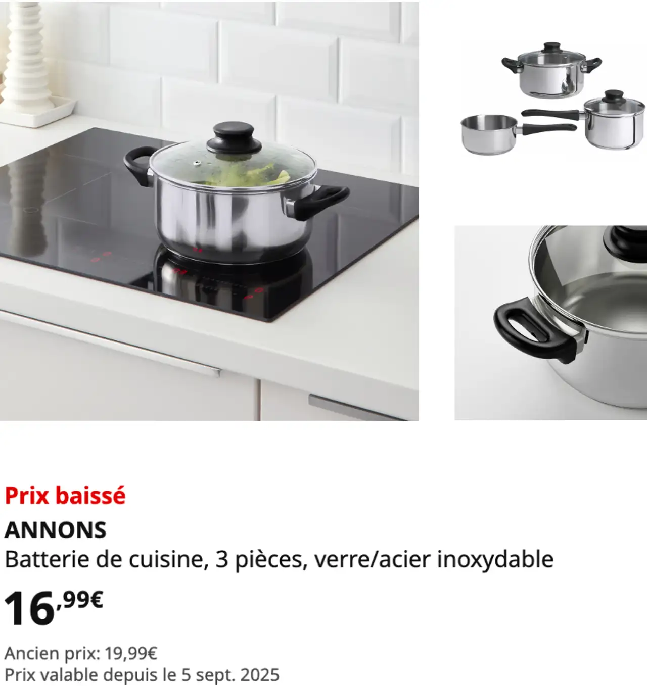 IKEA ANNONS Batterie de cuisine, 3 pièces, verre/acier inoxydable