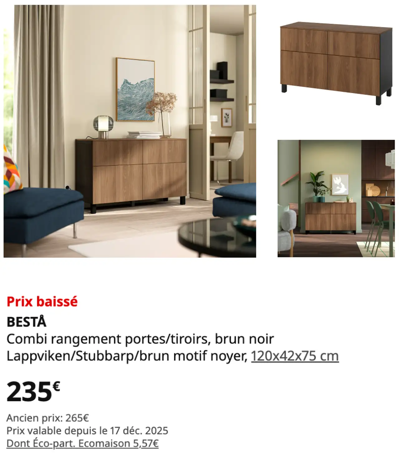IKEA BESTÅ Combi rangement portes/tiroirs, brun noir Lappviken/Stubbarp/brun motif noyer, 120x42x75 cm