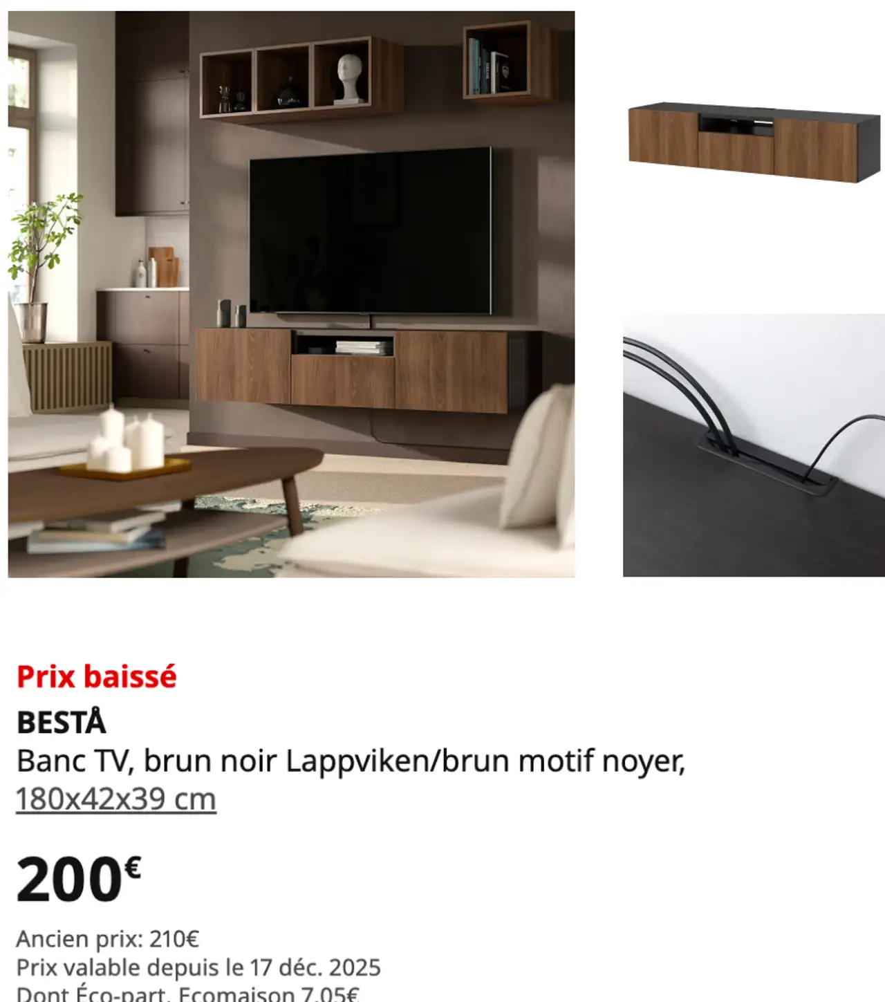 BESTÅ Banc TV, brun noir Lappviken/brun motif noyer, 180x42x39 cm