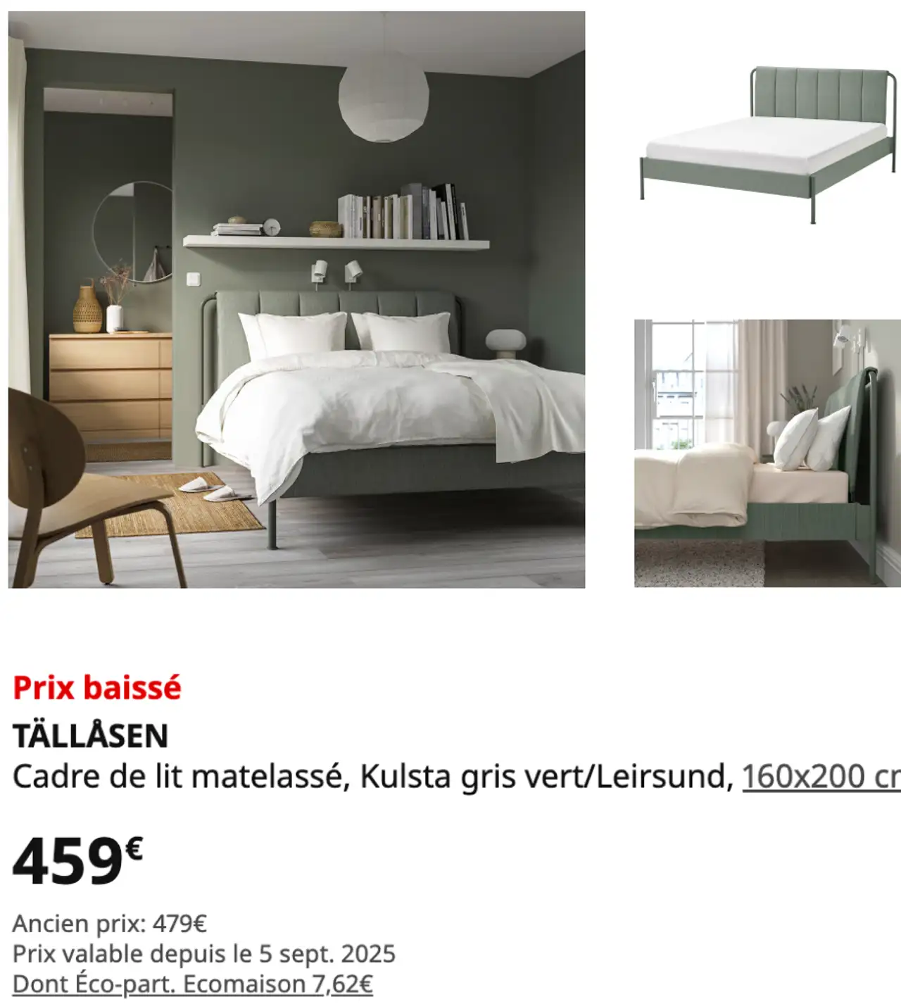IKEA TÄLLÅSEN Cadre de lit matelassé, Kulsta gris vert/Leirsund, 160x200 cm