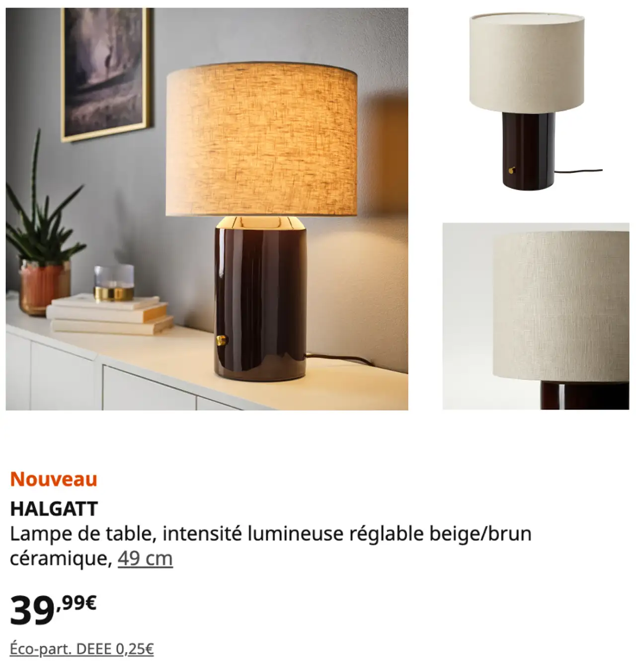 IKEA HALGATT Lampe de table, intensité lumineuse réglable beige/brun céramique, 49 cm