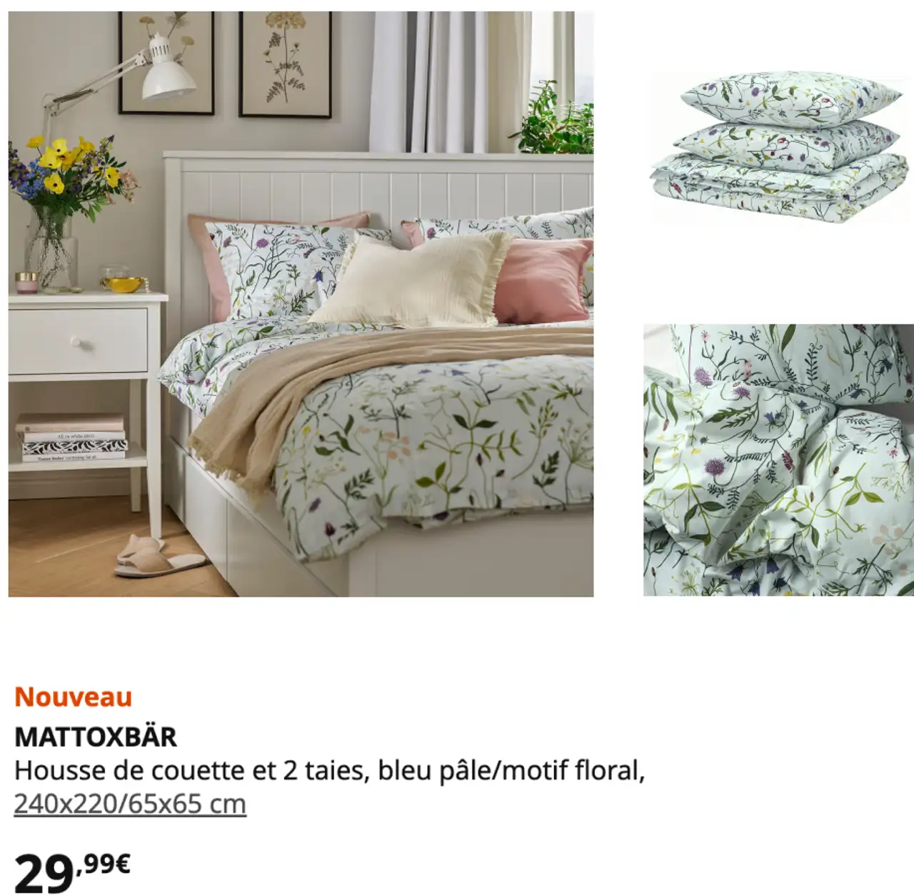 MATTOXBÄR Housse de couette et 2 taies, bleu pâle/motif floral, 240x220/65x65 cm