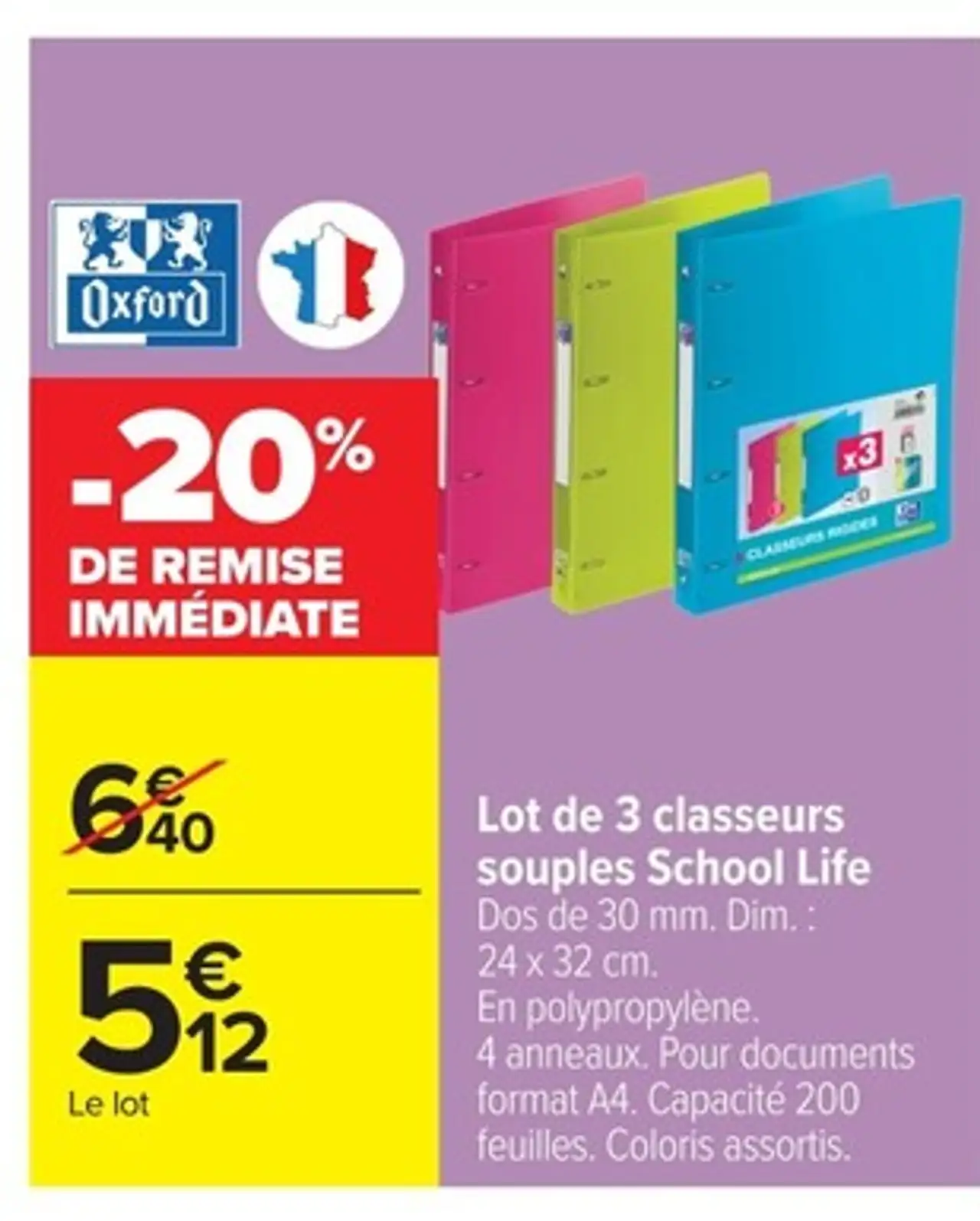 Lot de 3 classeurs souples School Life Oxford
