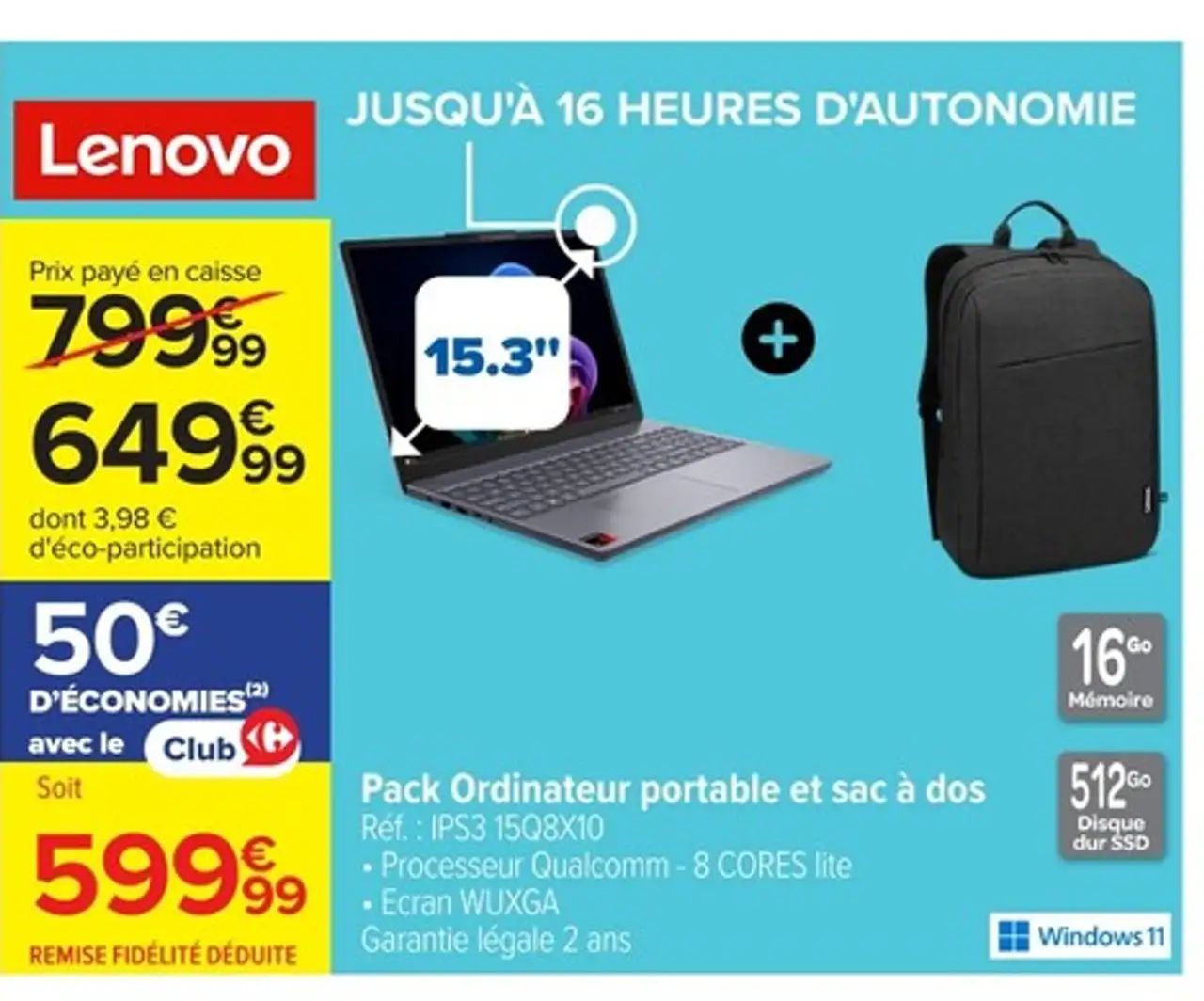 Pack Ordinateur portable et sac à dos Lenovo IP3 15Q8X10