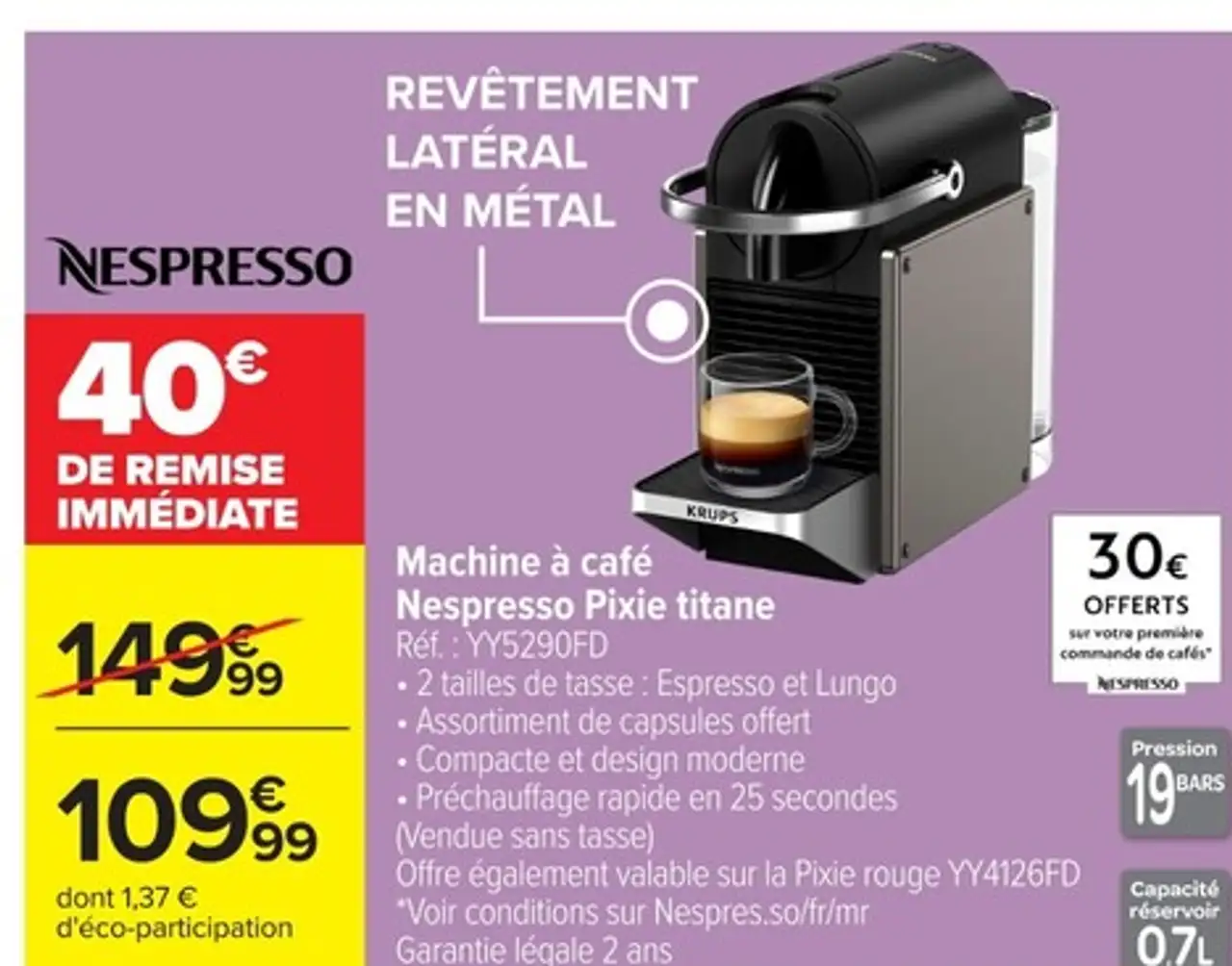 Nespresso Machine à café Nespresso Pixie titane
