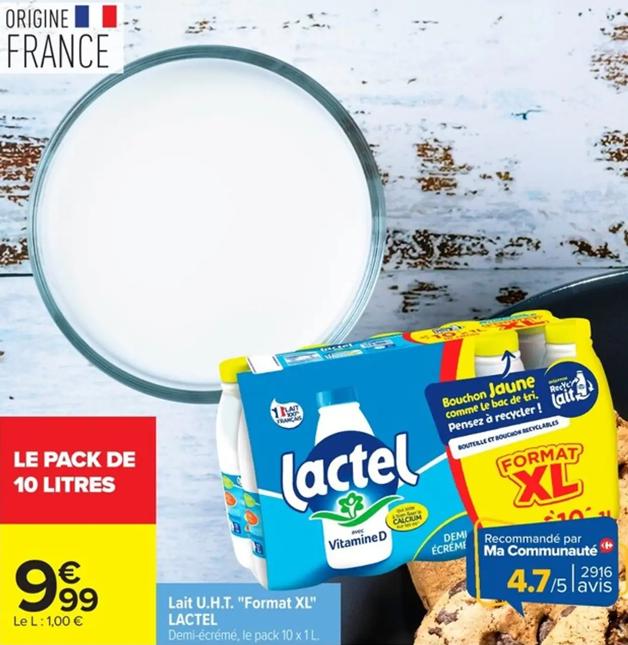 Lait U.H.T. "Format XL" LACTEL Demi-écrémé, le pack 10 x 1 L.