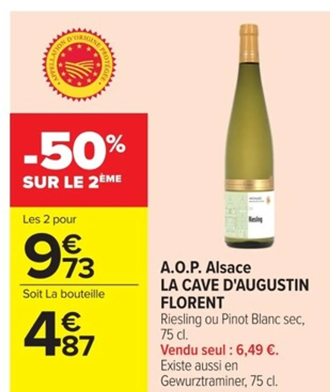 A.O.P. Alsace LA CAVE D'AUGUSTIN FLORENT Riesling ou Pinot Blanc sec, 75 cl.