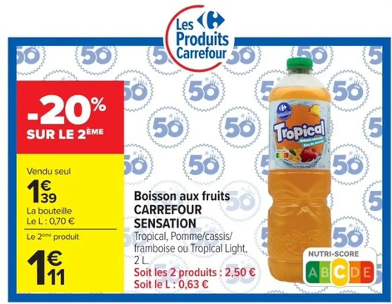 Boisson aux fruits CARREFOUR SENSATION Tropical, Pomme/cassis/framboise ou Tropical Light