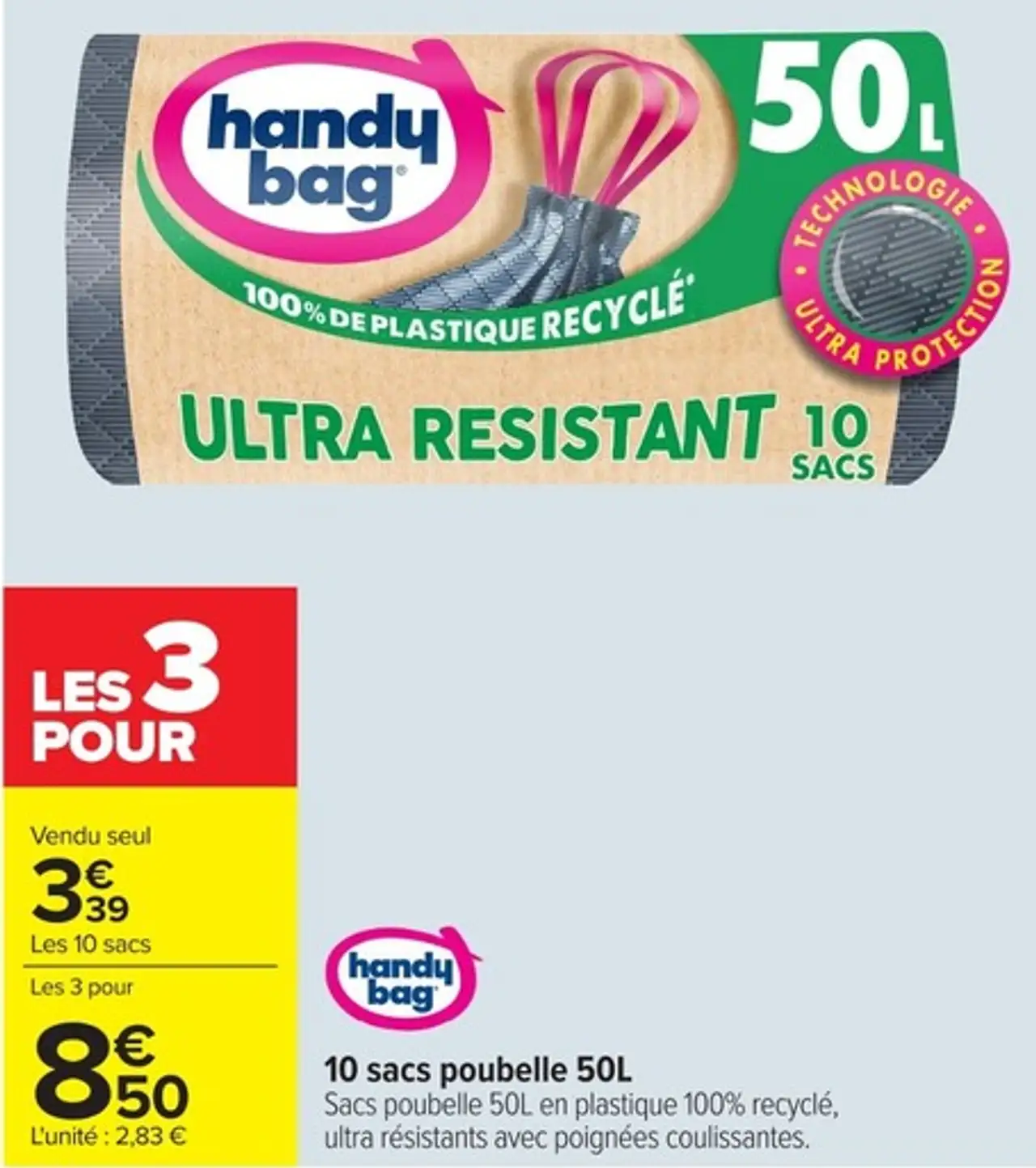 Handy bag 10 sacs poubelle 50L Ultra résistant
