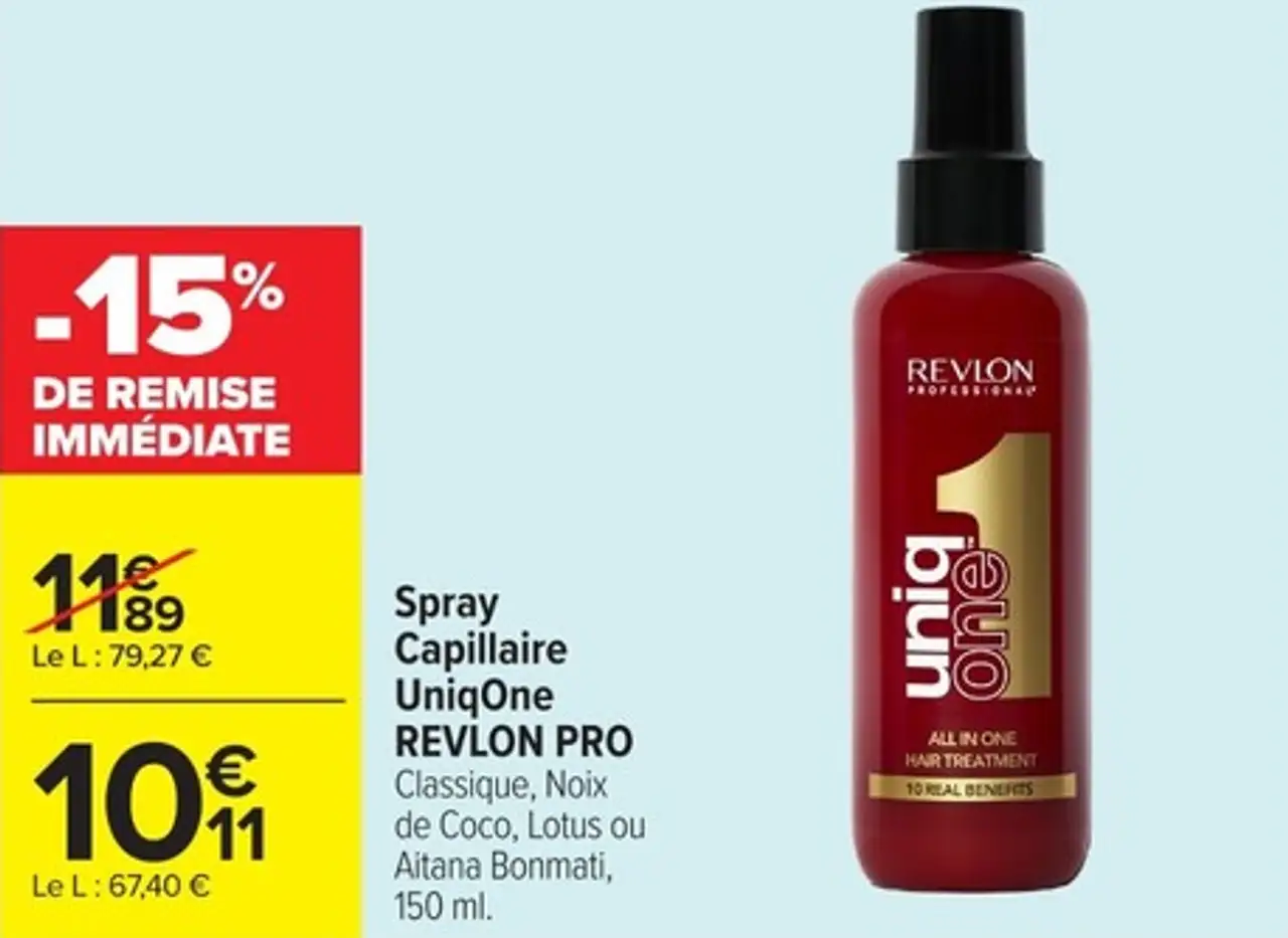 Spray Capillaire UniqOne REVLON PRO Classique, Noix de Coco, Lotus ou Aitana Bonmati, 150 ml.