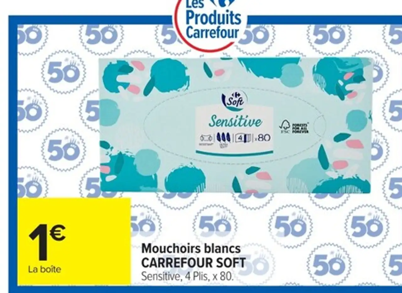 Mouchoirs blancs CARREFOUR SOFT Sensitive, 4 Plis, x 80