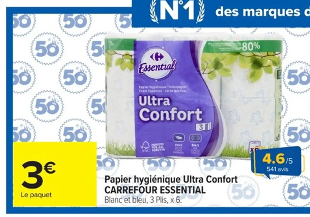 Papier hygiénique Ultra Confort CARREFOUR ESSENTIAL Blanc et bleu, 3 Plis, x 6
