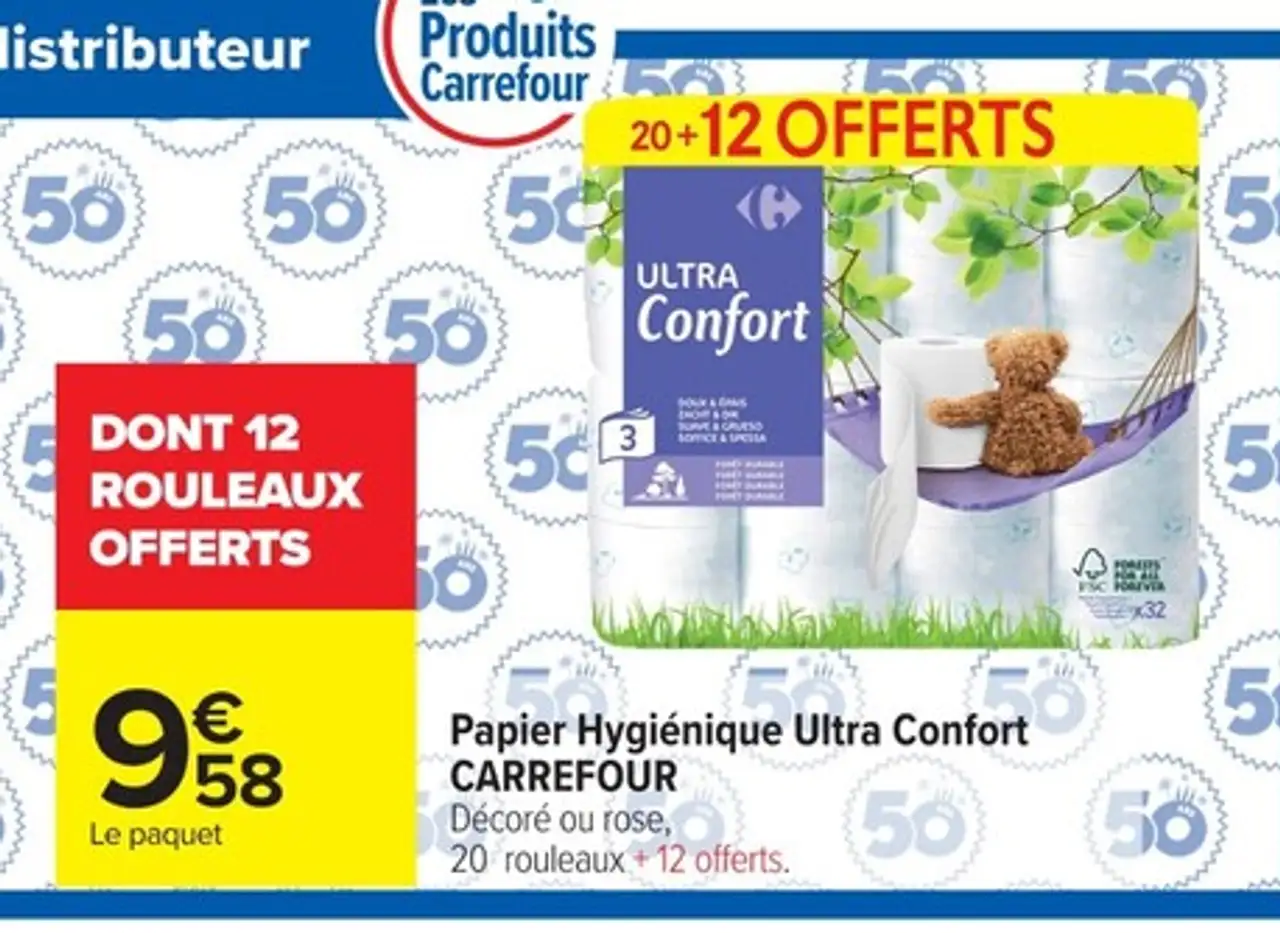 Papier Hygiénique Ultra Confort CARREFOUR Décoré ou rose, 20 rouleaux + 12 offerts