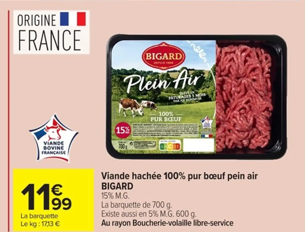 Viande hachee 100% pur boeuf pei air BIGARD