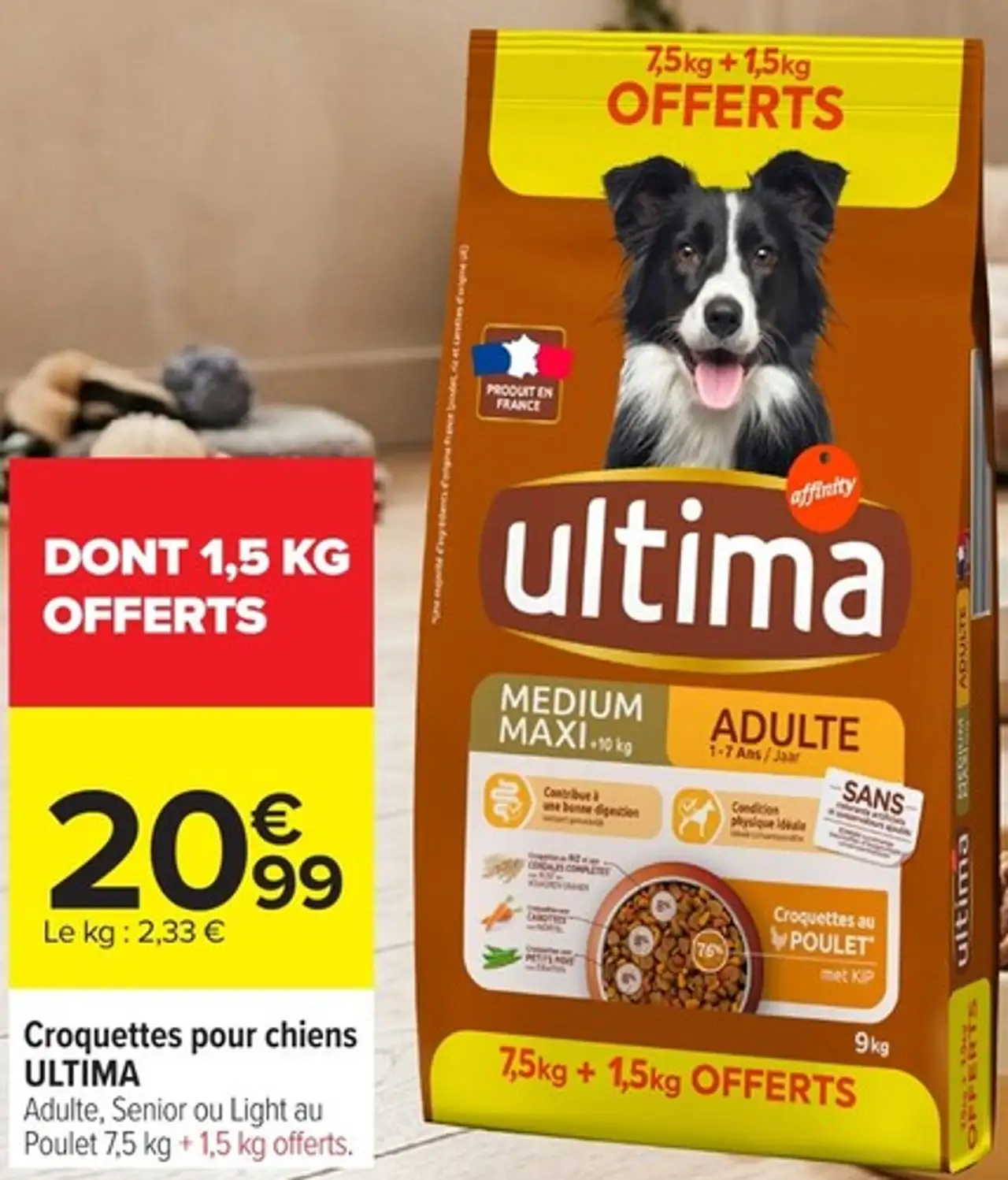 Croquettes pour chiens ULTIMA Adulte, Senior ou Light au Poulet 7,5 kg + 1,5 kg offerts