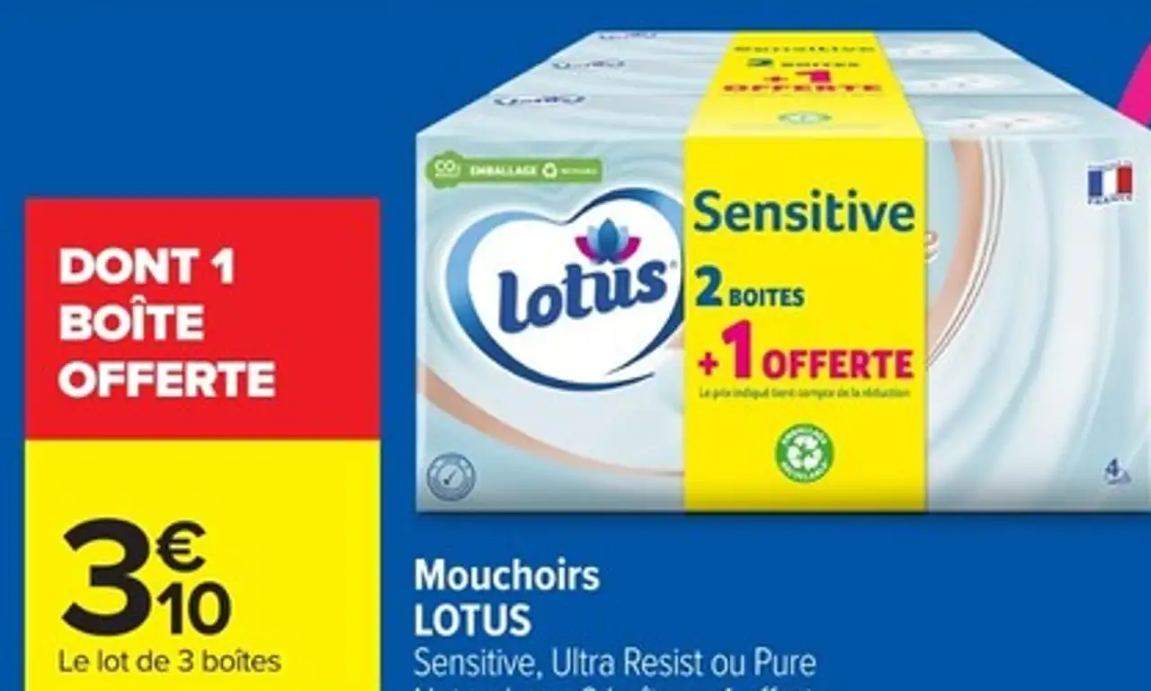 Mouchoirs LOTUS Sensitive, Ultra Resist ou Pure Natural, par 2 boîtes + 1 offerte