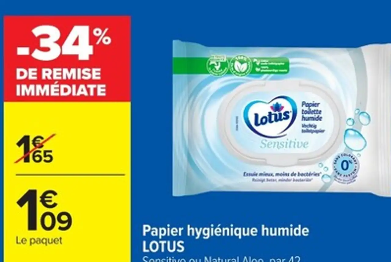 Papier hygiénique humide LOTUS Sensitive ou Natural Aloe, par 42