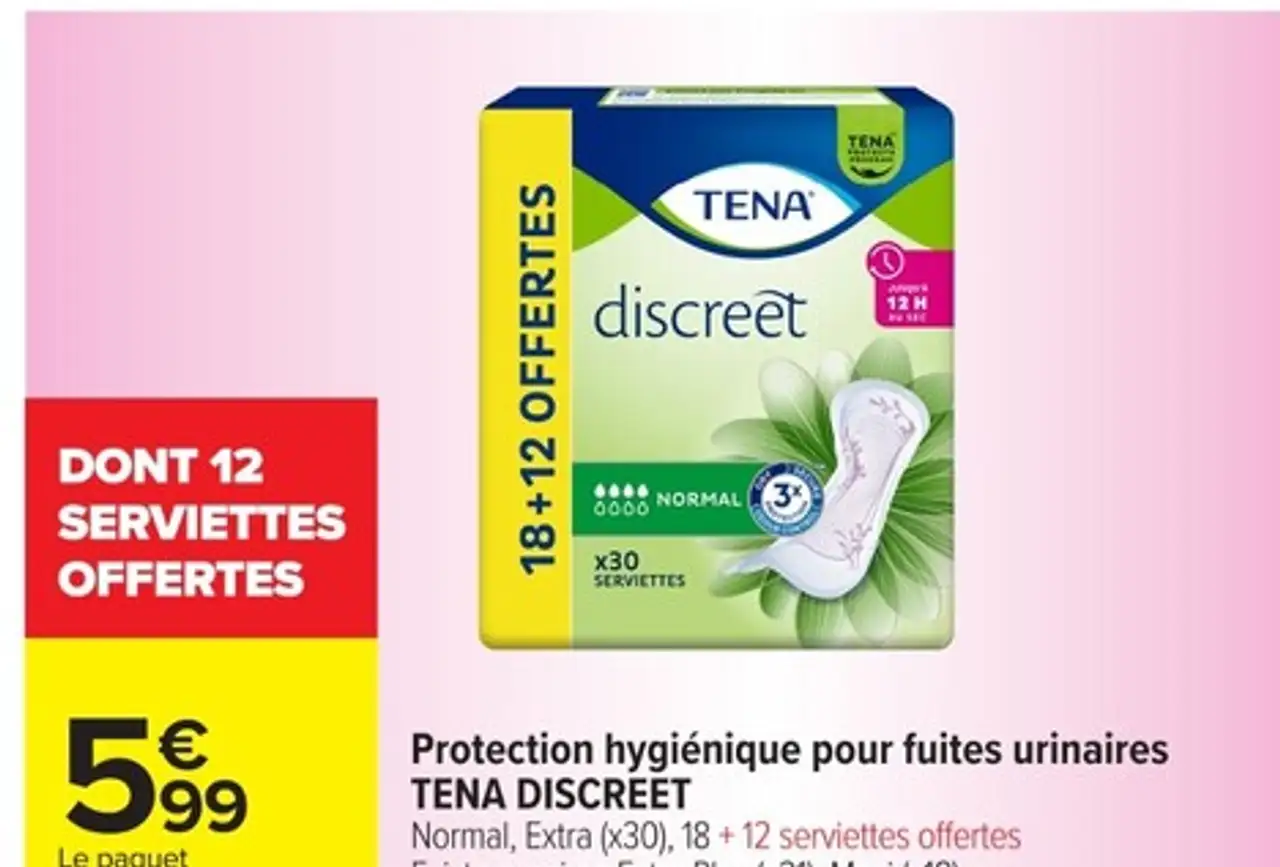 Protection hygiénique pour fuites urinaires TENA DISCREET Normal, Extra (x30), 18 + 12 serviettes offertes