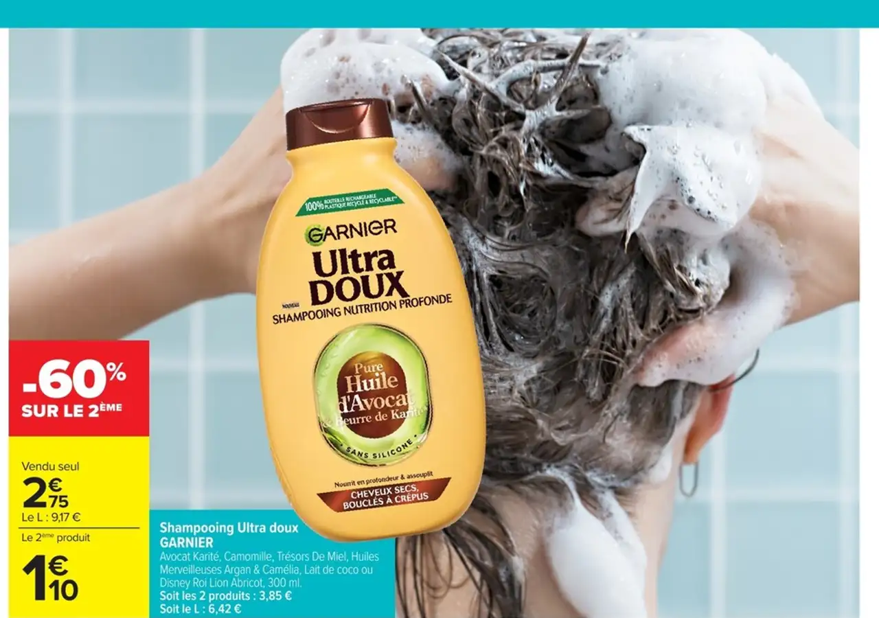 Shampooing Ultra doux GARNIER Avocat Karité, Camomille, Trésors De Miel, Huiles Merveilleuses Argan & Camélia, Lait de coco ou Disney Roi Lion Abricot, 300 ml.