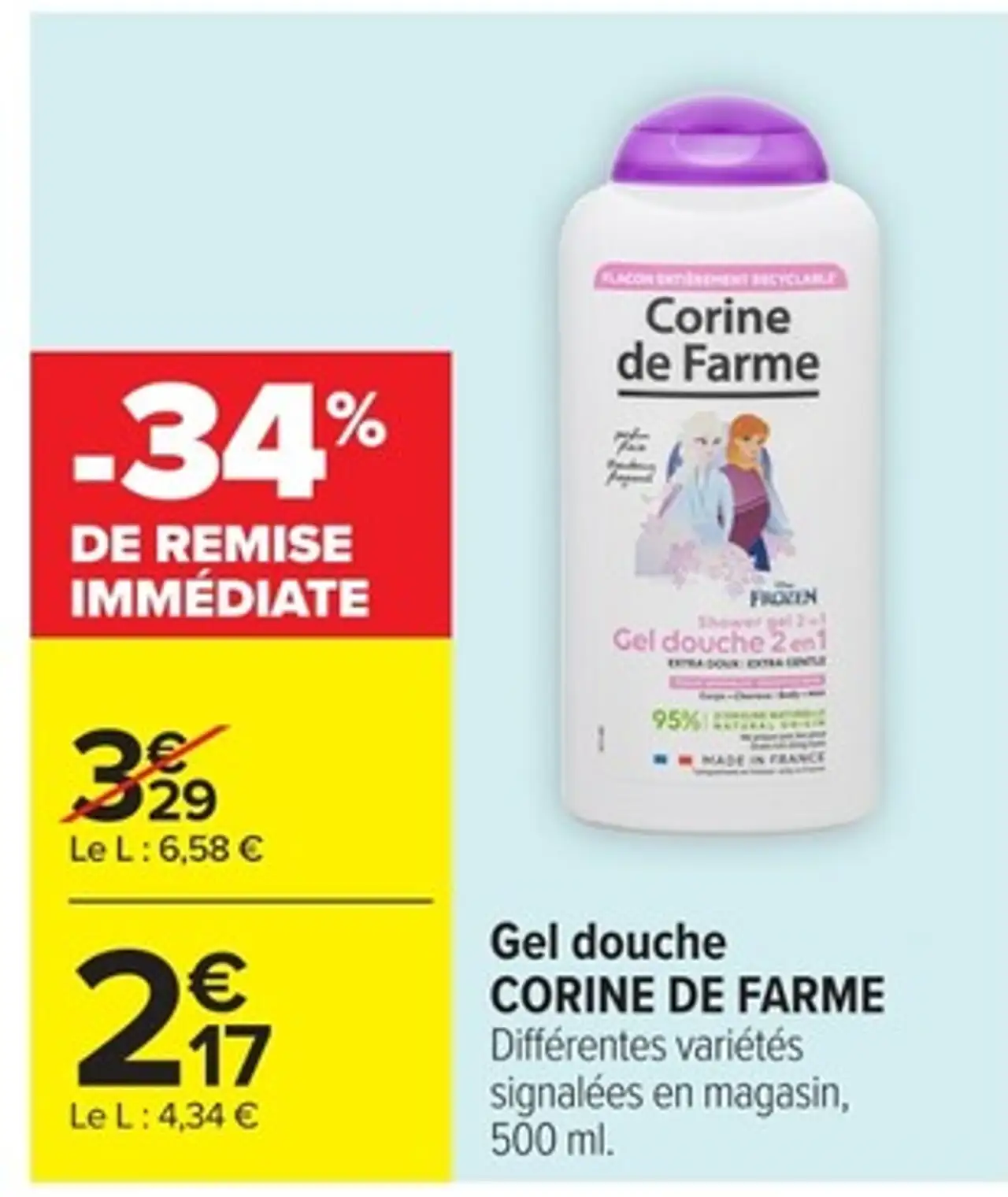 Gel douche CORINE DE FARME Différentes variétés signalées en magasin, 500 ml.