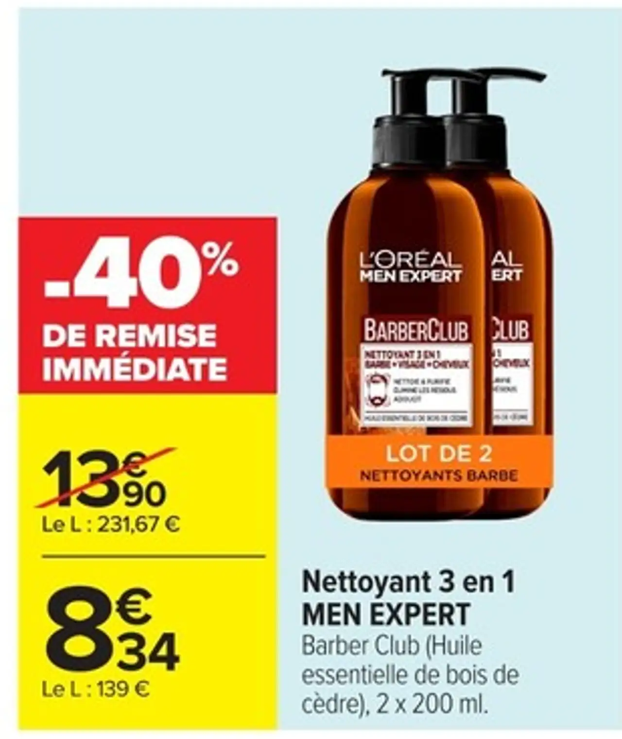 Nettoyant 3 en 1 MEN EXPERT Barber Club (Huile essentielle de bois de cèdre), 2 x 200 ml.