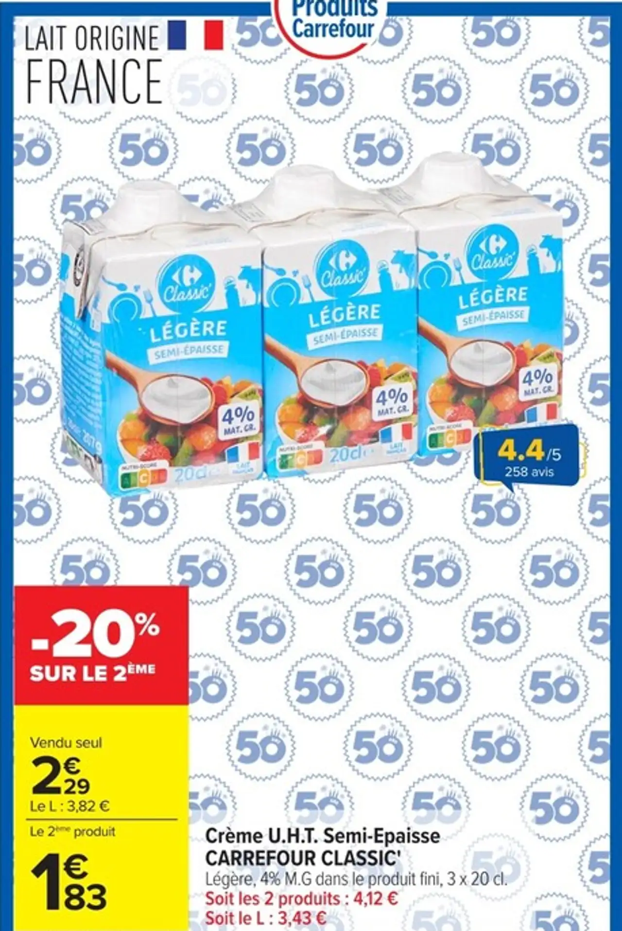 Crème U.H.T. Semi-Épaisse Carrefour Classic'