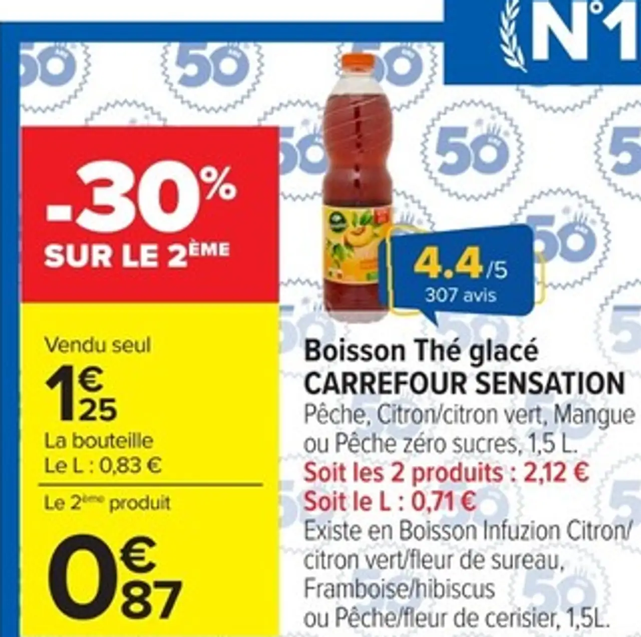 Boisson Thé glacé CARREFOUR SENSATION Pêche, Citron/citron vert, Mangue ou Pêche zéro sucres