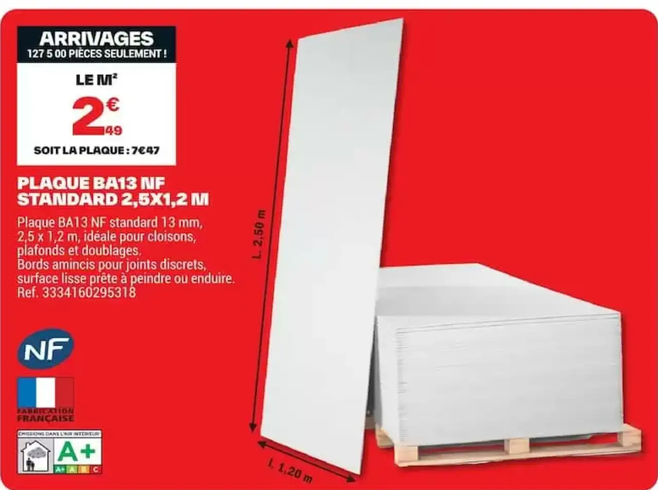 Plaque BA13 NF Standard 2,5x1,2 m