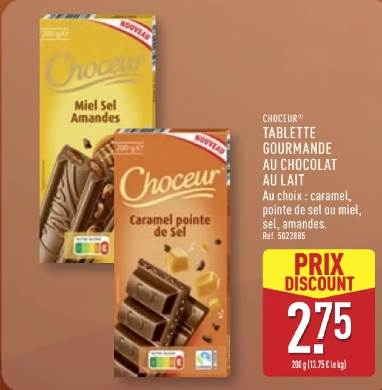CHOCEUR® TABLETTE GOURMANDE AU CHOCOLAT AU LAIT (Miel Sel Amandes / Caramel)