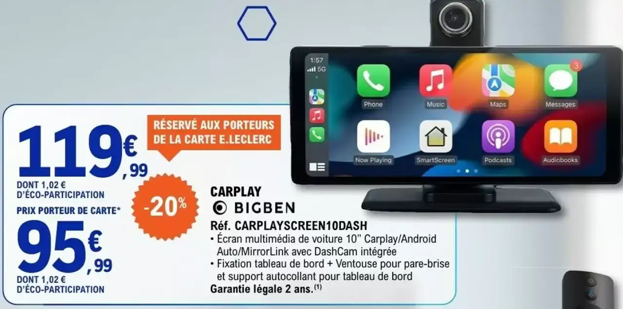 Écran multimédia de voiture 10" Carplay/Android Auto/MirrorLink avec DashCam intégrée BIGBEN Réf. CARPLAYSCREEN10DASH